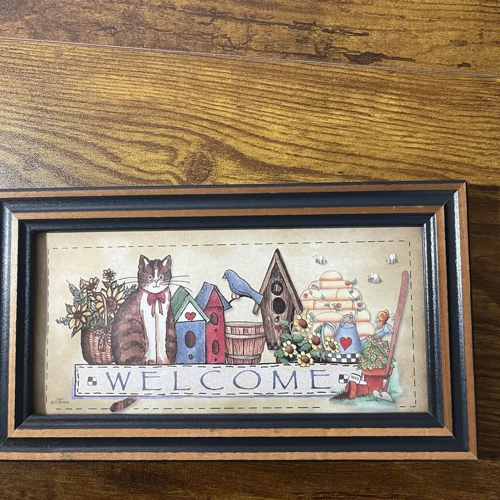 Vintage Primitive Country Folk Art Framed Welcome Cat Bees Garden Bird